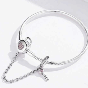 PINK CZ HEART LOCK AND KEY SAFETY CHAIN BRACELET